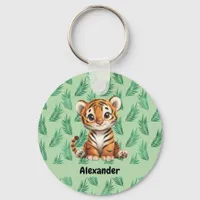 Cute Cartoon Tiger on Tropical Leaves Keychain