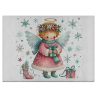 Whimsical Cute Pink and Blue Christmas Angel Cutting Board