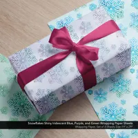 Snowflakes Shiny Iridescent Blue, Purple, Green Wrapping Paper Sheets