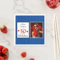 50 & Fabulous Name Photo Red 50th Birthday Blue Napkins