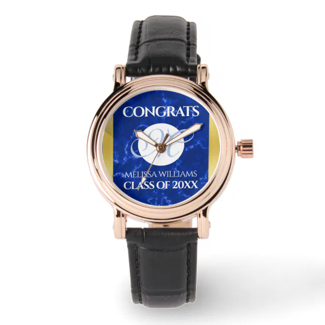 Elegant Graduation Monogram Blue Marble Gold Foil Watch