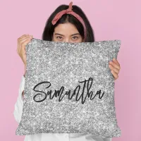 Silver Glitter Black Brush Script Throw Pillow