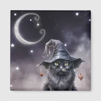 Black Halloween Cat Wearing a Witch Hat  Magnet