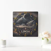 Rustic Barn Night Sky Wood Carving Art Square Wall Clock