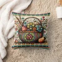 Vibrant basket of flowers and decorated eggs throw pillow