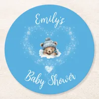 Snow Excited Blue Teddy Bear Baby Shower Round Paper Coaster