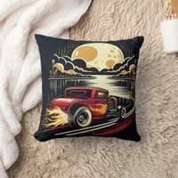 Vintage hot rod speeding by the moonlit river throw pillow