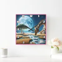 Magical giraffe under a glowing moon square wall clock