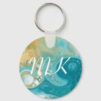 Ocean Blue Waves and Sandy Brown Fluid Art Initial Keychain