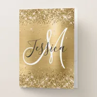 Glittery Gold Foil Black and White Monogram Pocket Folder