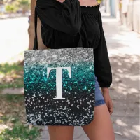 Silver Teal Black Gradient Chunky Glitter Monogram Tote Bag