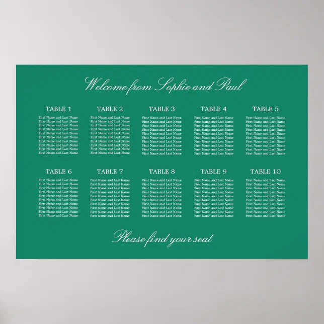 Emerald 10 Table Wedding Seating Chart Poster