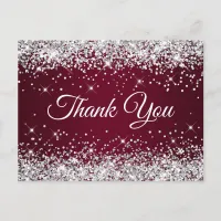 Sparkly Silver Glitter Burgundy Thank You Postcard