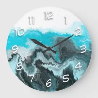 Aqua Blue Gray and Black Waves Abstract Modern Art Large Clock