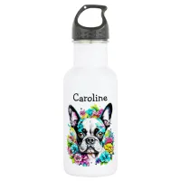 Boston Terrier surrounded by Flowers Personalized Stainless Steel Water Bottle