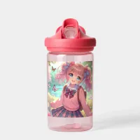 Pretty Anime Girl in Pink Pigtails Water Bottle
