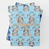 Happy Easter Boys Bunny Rabbit Blue And Green Wrapping Paper Sheets