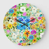 Floral Patchwork Art Watercolor Flowers Large Clock