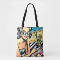 Beautiful Retro Lady at the Beach with Cocktail Tote Bag