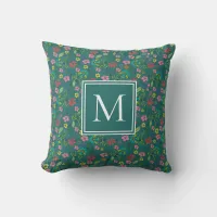 Girly Teal Boho Spring Garden Flowers Monogram Throw Pillow