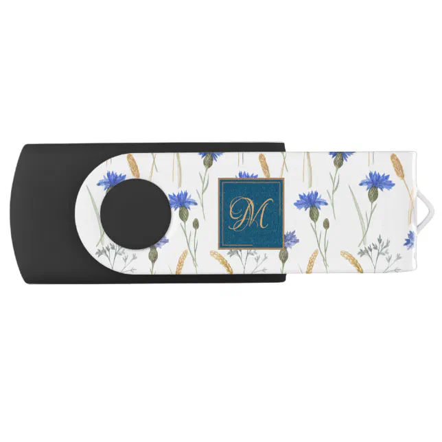 Floral Wildflower Blue Monogram Flash Drive