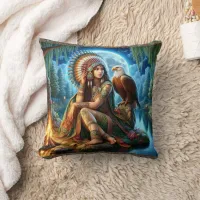 Native American Woman Sitting With Eagle By Water Throw Pillow