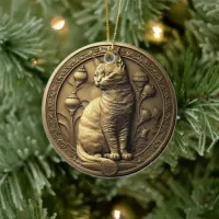 Gold Sitting Cat Medallion Ceramic Ornament