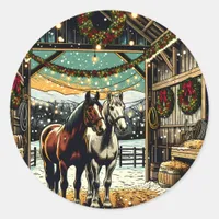 Merry Christmas Cartoon Horses Classic Round Sticker