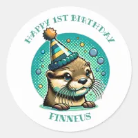 Otter Themed Boy's First Birthday Personalized Classic Round Sticker