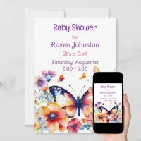 Butterfly in Flowers Girl's Baby Shower Invitation