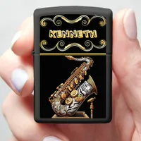 White Gold Saxophone Intricate Tiger Zippo Lighter