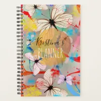 White Butterflies on a Paint Drips Personalized Planner
