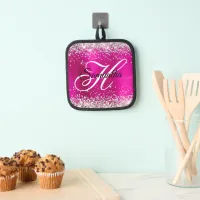 Silver Glitter Hot Pink Foil Fancy Monogram Pot Holder