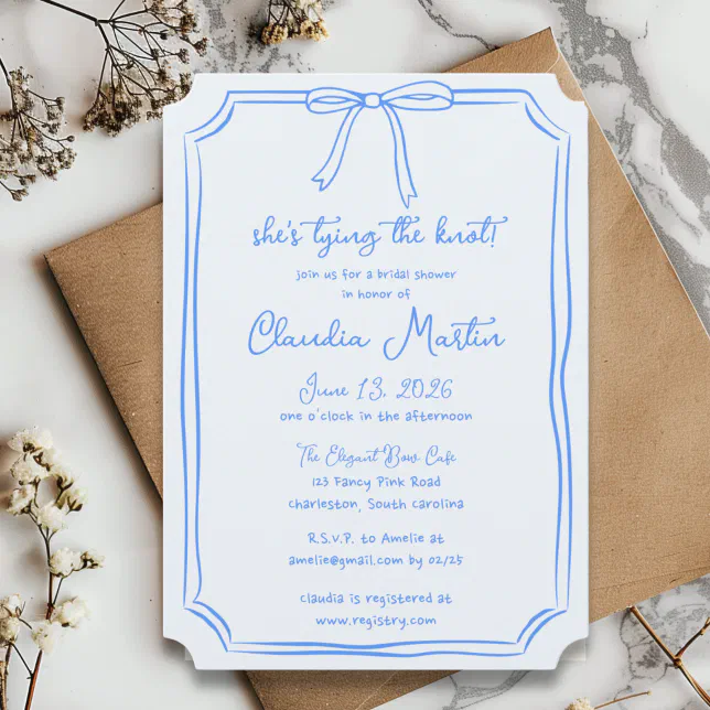 She's Tying the Knot Hand Drawn Bow Bridal Shower Invitation