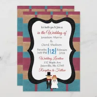 Blue and Maroon Burlap Wedding Invitation