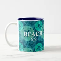 Teal Sand Dollars and Seashells Beach Life Two-Tone Coffee Mug