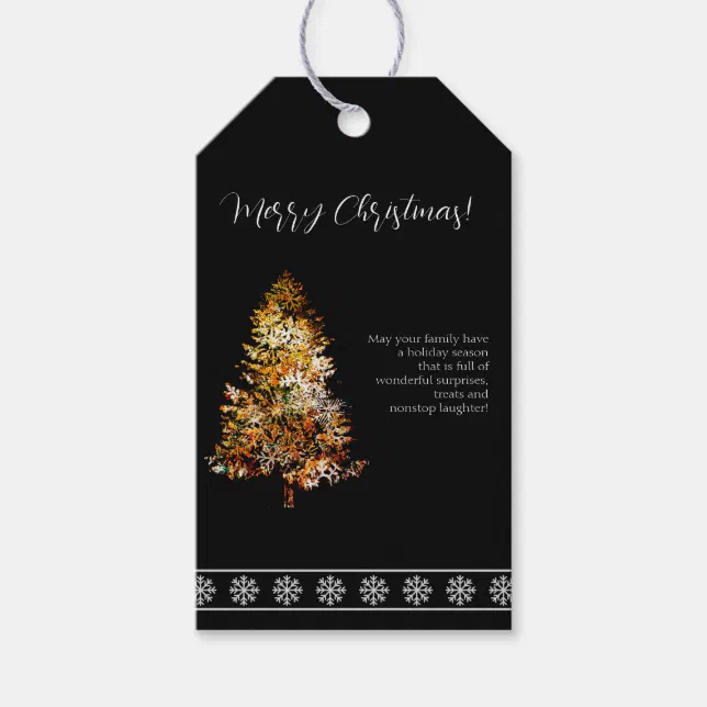 Christmas tree made of snowflakes black background gift tags