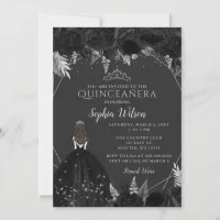 Elegant Black Silver Floral Princess Quincea&#241;era   Invitation