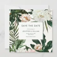 Peach White Peonies & Green Leaves Floral Wedding Save The Date