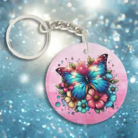 Blue Butterfly and Pink Flowers Personalized Keychain