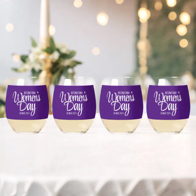 Purple Script International Women's Day March 8 Stemless Wine Glass