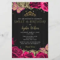 Budget Pink Roses Black Gold Sweet 16 Invitation