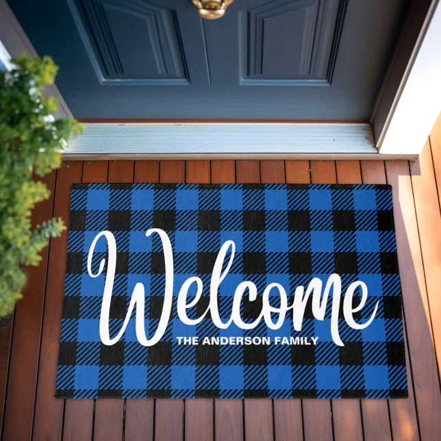 Personalized Welcome Family Home Modern Plaid Door Outdoor Rug