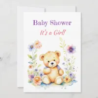 Teddy Bear in Flowers Girl's Baby Shower Invitation