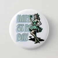 Happy St Patrick's Day Pinup Girl with Shamrock Button
