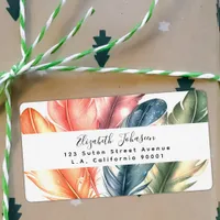 Colorful Watercolor Feathers Black Script Name Label