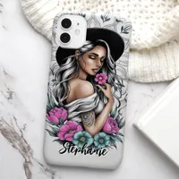 Tattoo Style Boho Woman with Neon Flowers Custom iPhone 15 Case