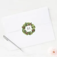 Holly Berries Wreath Monogram Winter Wedding Classic Round Sticker