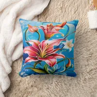 Vibrant Lily Blooms Against Blue Backdrop Throw Pillow