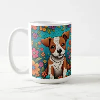 Cute Puppy with Whimsical Folk Art Flowers Coffee Mug